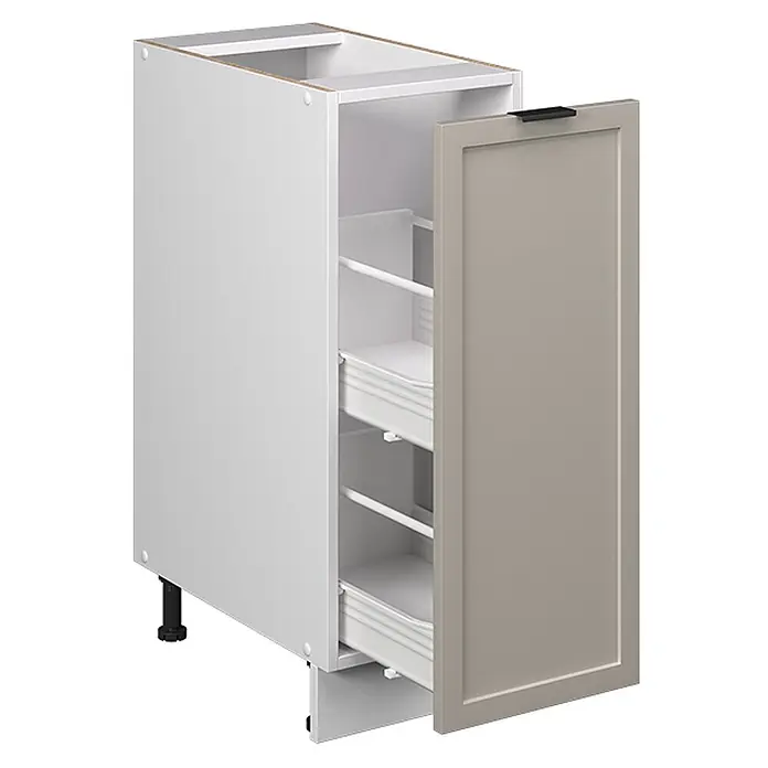 Vicco Schrankküche Fame-Line GrauBeige ohne Arbeitsplatte - GrauBeige, Apothekerunterschrank 30 cm - Weißer Unterschrank mit hellbrauner Ausziehtür und zwei internen weißen Auszugskörben, leicht geöffnet.