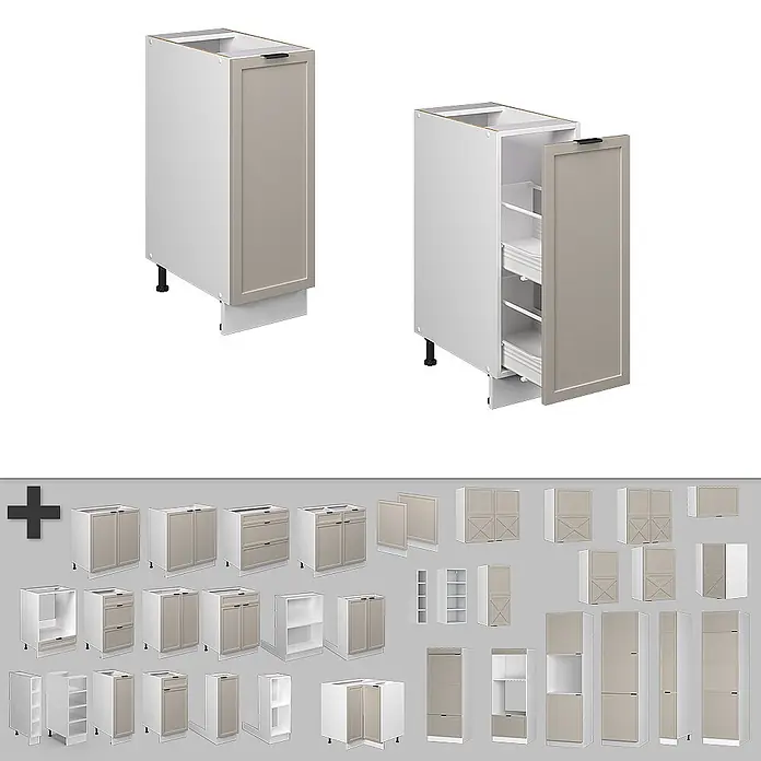 Vicco Schrankküche Fame-Line GrauBeige ohne Arbeitsplatte - GrauBeige, Apothekerunterschrank 30 cm - Weißer Küchenschrank mit beigefarbenem Auszug, geschlossen und geöffnet dargestellt.
