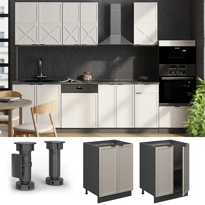 Vicco Schrankküche Fame-Line GrauBeige, AP Anthrazit - GrauBeige, Unterschrank 60 cm, AP Anthrazit - Moderne Küche mit weißen Schranktüren und dunkelgrauem Korpus. Verstellbare Beine und offener Unterschrank im Detail.