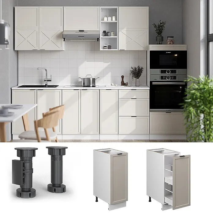 Vicco Schrankküche Fame-Line GrauBeige ohne Arbeitsplatte - GrauBeige, Apothekerunterschrank 30 cm - Verstellbare graue Kunststoff-Schrankfüße und ein schmaler, hellbeiger ausziehbarer Küchenschrank mit Regalen.