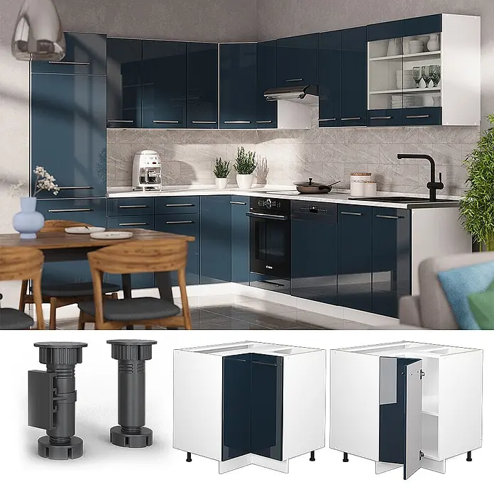 Vicco Schrankküche Fame-Line Dunkelblau Hochglanz, AP Anthrazit - Dunkelblau Hochglanz, Eckunterschrank, AP Anthrazit - Moderne Küche mit dunkelblauen Hochglanzschränken und weißen Arbeitsplatten, dazu verstellbare Füße und Eckunterschrank.