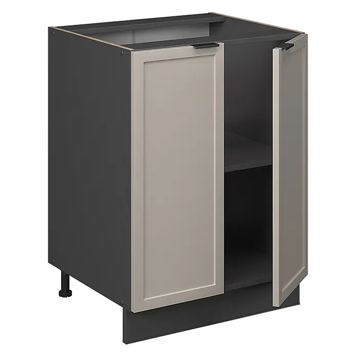 Vicco Schrankküche Fame-Line GrauBeige, AP Anthrazit - GrauBeige, Unterschrank 60 cm, AP Anthrazit - Dunkelgrauer Unterschrank mit zwei hellbeigen Rahmentüren, eine offen mit Regal. Mit schwarzen Griffen und verstellbaren Füßen.