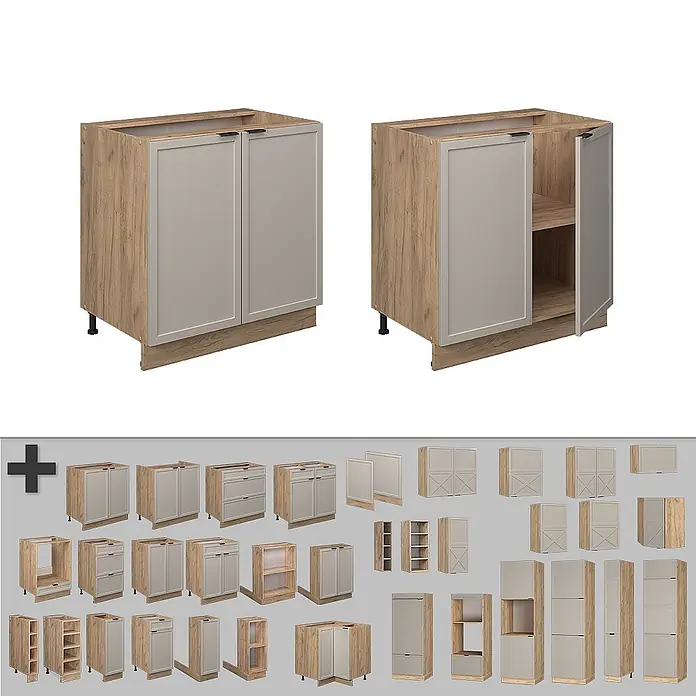 Vicco Schrankküche Fame-Line GrauBeige mit Regal, AP Eiche - GrauBeige, Unterschrank 80 cm, AP Eiche - Set modularer Küchenschränke mit hellem Holzdekor und hellgrauen Türfronten, inkl. verschiedener Unter-, Ober- und Hochschränke.