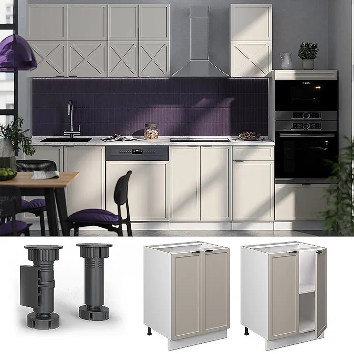 Vicco Schrankküche Fame-Line GrauBeige, AP Anthrazit - GrauBeige, Unterschrank 60 cm, AP Anthrazit - Moderne modulare Küche mit cremefarbenen Schränken, verstellbaren dunkelgrauen Beinen und integrierten Geräten.