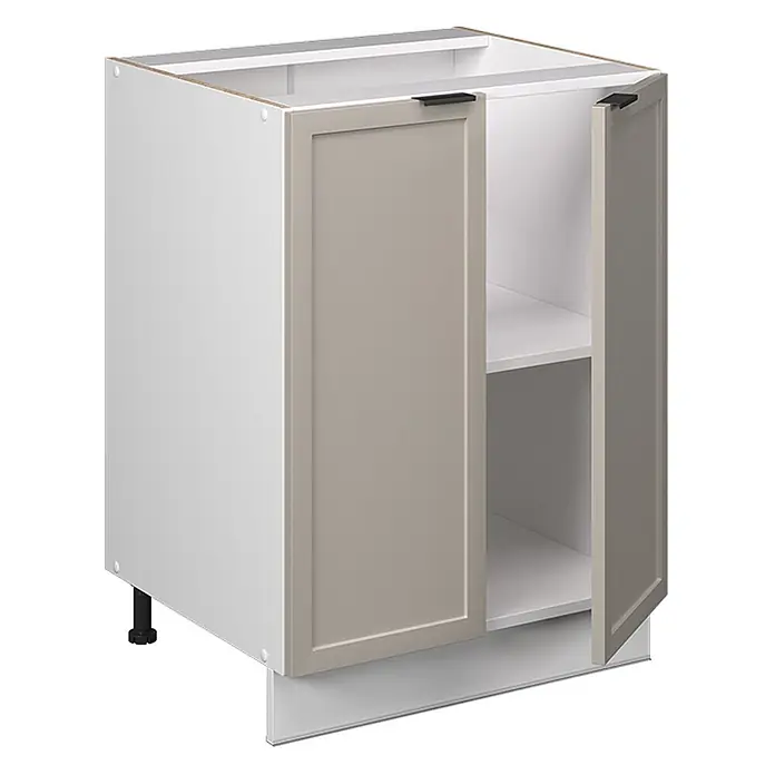 Vicco Schrankküche Fame-Line GrauBeige, AP Anthrazit - GrauBeige, Unterschrank 60 cm, AP Anthrazit - Weißer Küchenunterschrank mit einer offenen helltaupefarbenen Shaker-Tür, schwarzen Griffen und Innenregal.