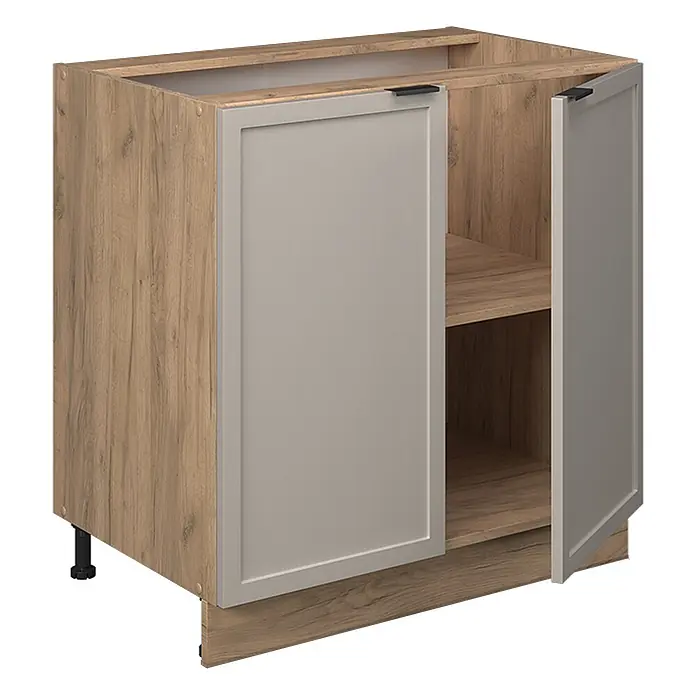 Vicco Schrankküche Fame-Line GrauBeige mit Regal, AP Eiche - GrauBeige, Unterschrank 80 cm, AP Eiche - Zweitüriger Küchenunterschrank mit Holzmaserung und hellgrauen Türen, eine Tür leicht geöffnet, zeigt Innenablagen.