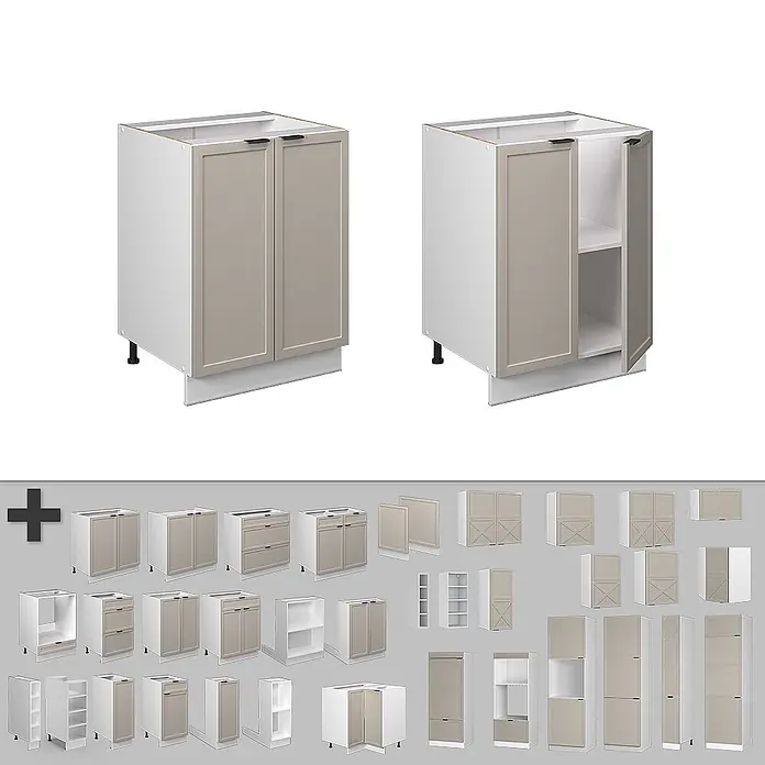 Vicco Schrankküche Fame-Line GrauBeige, AP Anthrazit - GrauBeige, Unterschrank 60 cm, AP Anthrazit - Modulare Küchenschränke: zwei Unterschränke mit beigen Türen, dazu diverse weiße und beige Schrankmodule.