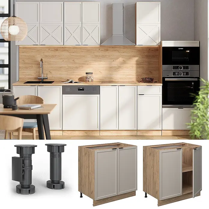 Vicco Schrankküche Fame-Line GrauBeige mit Regal, AP Eiche - GrauBeige, Unterschrank 80 cm, AP Eiche - Moderne Küche mit weißen Schränken und Holz-Akzenten, zeigt Unterschrank-Elemente wie verstellbare Füße und einen Holzdekor-Unterschrank.