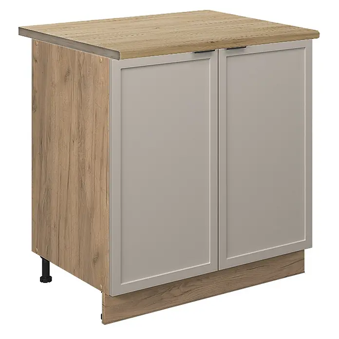 Vicco Schrankküche Fame-Line GrauBeige mit Regal, AP Eiche - GrauBeige, Unterschrank 80 cm, AP Eiche - Küchenunterschrank mit heller Holzoptik-Arbeitsplatte und -Seiten, hellgrauen Türen und schwarzen Griffen.