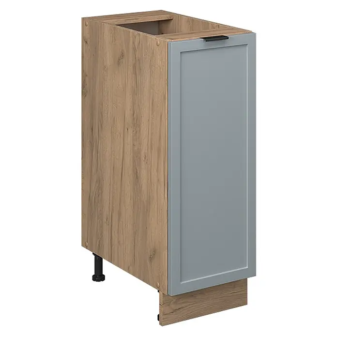 Vicco Schrankküche Fame-Line Hellblau-grau ohne Arbeitsplatte - Hellblau-grau, Apothekerunterschrank 30 cm - Küchenunterschrank in Holzoptik mit hellgrauer Tür und schwarzem Griff, auf verstellbaren Füßen.
