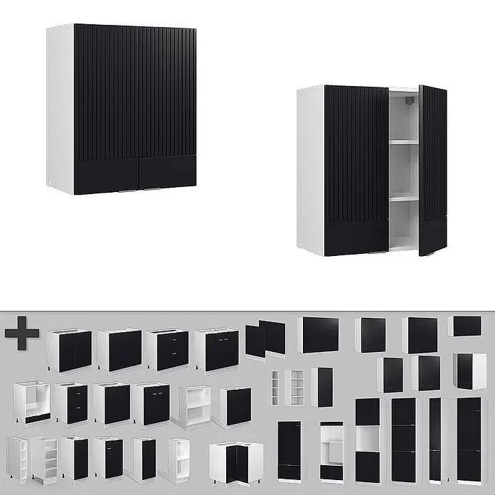 Vicco Hängeschrank Fame-Line, Schwarz gestreift, 60 cm -  - Modulare schwarz-weiße Küchenschränke mit geriffelten Türen. Verschiedene Unter- und Oberschränke, teils mit offenen Regalen.