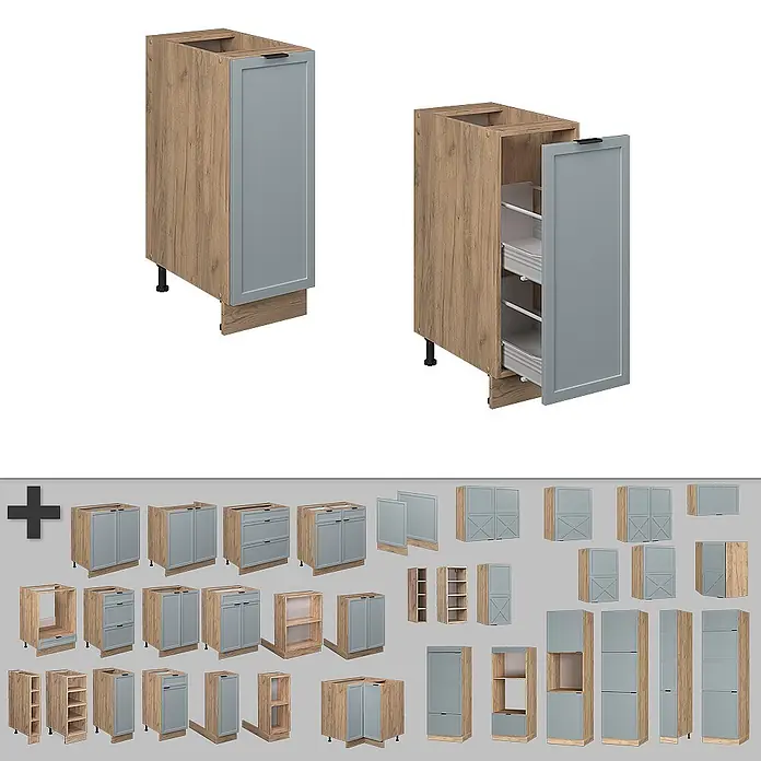 Vicco Schrankküche Fame-Line Hellblau-grau, AP Eiche - Hellblau-grau, Apothekerunterschrank 30 cm, AP Eiche - Modulare Küchenschränke mit hellen Holzoptik-Korpusse und grauen Fronten, darunter verschiedene Unter-, Ober- und Hochschränke.