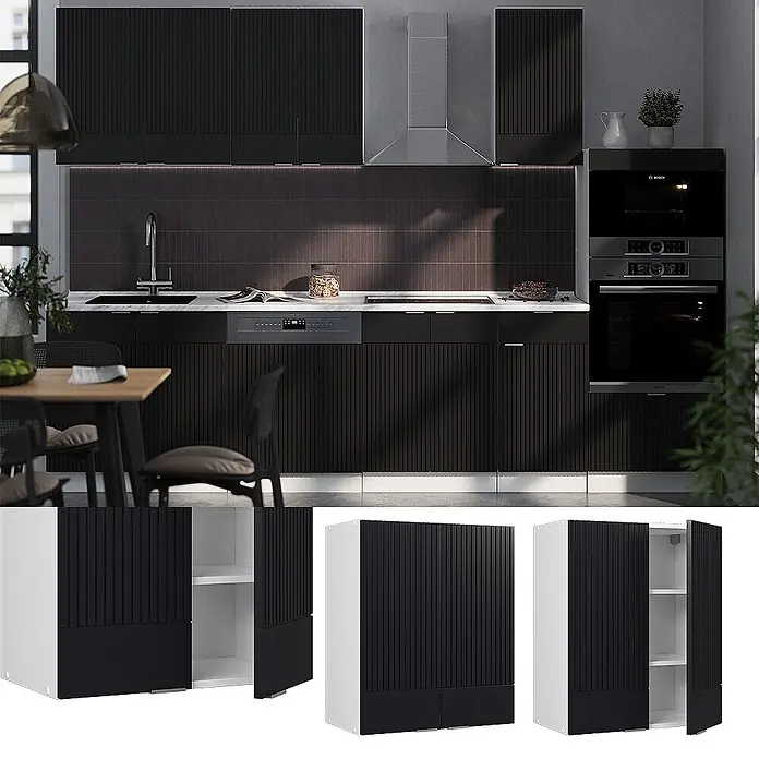 Vicco Schrankküche Fame-Line Schwarz gestreift - Schwarz gestreift, Hängeschrank 60 cm - Schwarze geriffelte Küchenschränke in einer modernen Küche, mit detaillierten Produktansichten.