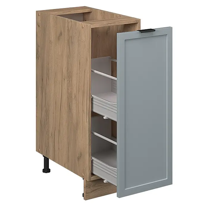 Vicco Schrankküche Fame-Line Hellblau-grau, AP Eiche - Hellblau-grau, Apothekerunterschrank 30 cm, AP Eiche - Küchenunterschrank aus Holz mit grauer Auszugstür und zwei Innenschubladen auf verstellbaren Füßen.