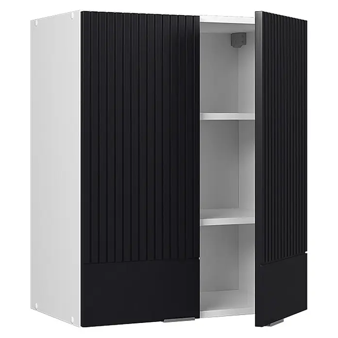Vicco Hängeschrank Fame-Line, Schwarz gestreift, 60 cm -  - Weißer Aufbewahrungsschrank mit zwei schwarzen gerippten Türen, eine leicht geöffnet, die zwei Einlegeböden zeigt.