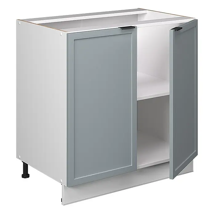Vicco Schrankküche Fame-Line Hellblau-grau mit Regal, AP Anthrazit - Hellblau-grau, Unterschrank 80 cm, AP Anthrazit - Hellgrauer Unterschrank mit zwei Türen, eine offenbart ein weißes Innenregal und schwarze Füße.