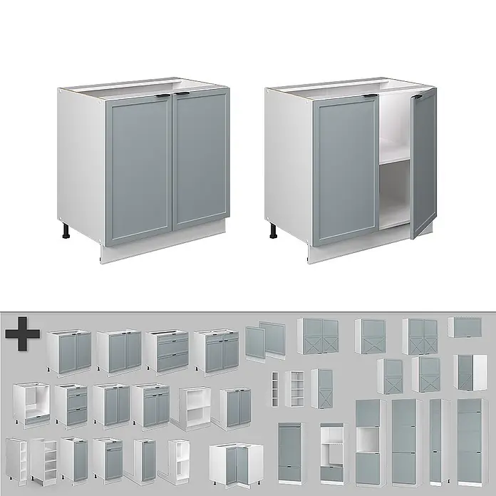 Vicco Schrankküche Fame-Line Hellblau-grau mit Regal, AP Anthrazit - Hellblau-grau, Unterschrank 80 cm, AP Anthrazit - Modulares Küchenschranksystem mit weißen Korpen und grauen Türen, in verschiedenen Konfigurationen dargestellt.