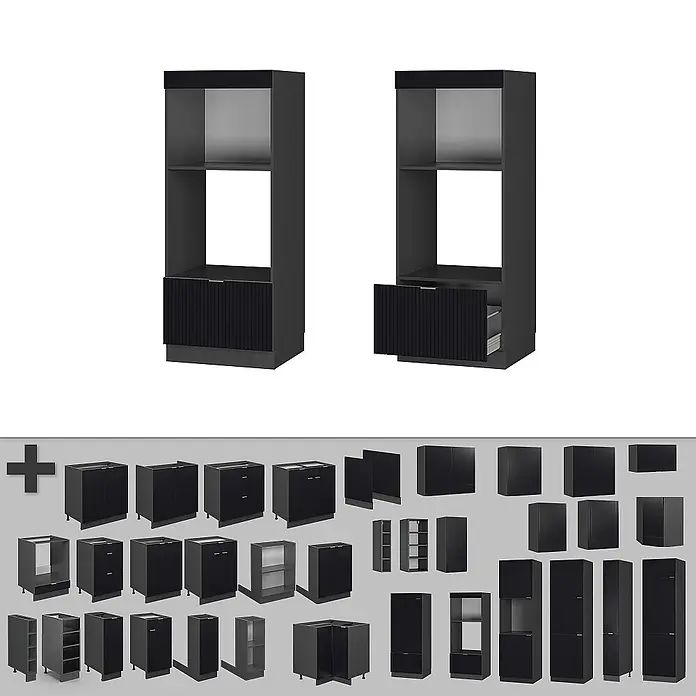 Vicco Mikrowellenschrank Fame-Line, Schwarz gestreift, 60 cm -  - Set dunkelgrauer modularer Küchenschränke mit strukturierten Fronten, darunter Hochschränke und Unterschränke, einer mit offener Schublade.