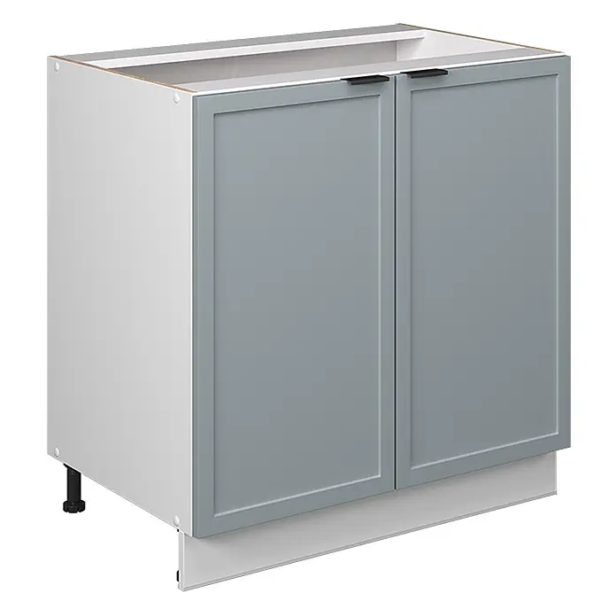 Vicco Schrankküche Fame-Line Hellblau-grau mit Regal, ohne Arbeitsplatte - Hellblau-grau, Unterschrank 80 cm - Weißer Küchenunterschrank mit zwei grauen Rahmentüren, schwarzen Griffen und verstellbaren Füßen, mit weißer Sockelleiste.