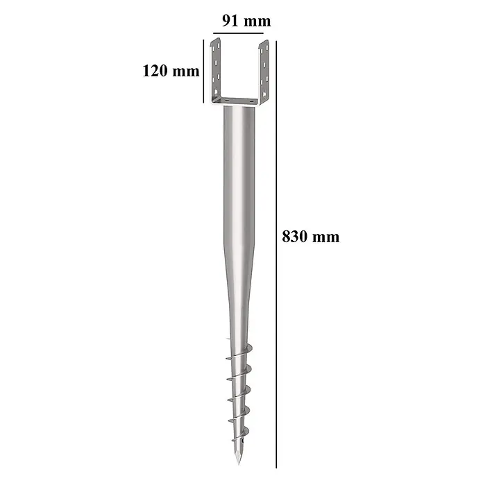 Krinner Bodendübel U-FIX 91 - Breite: 9 cm - Silberne Erdspierschraube aus Metall mit U-förmigem Pfostenträger, 830 mm lang, mit 91 mm breitem und 120 mm hohem Bügel.
