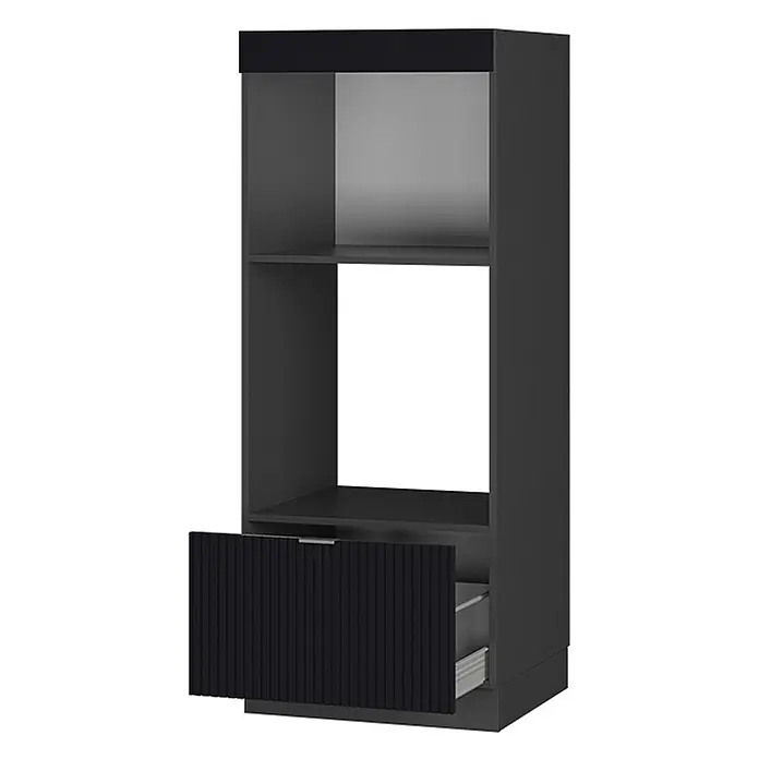 Vicco Mikrowellenschrank Fame-Line, Schwarz gestreift, 60 cm -  - Dunkelgrauer Hochschrank mit Ofennische und schwarzer gerippter Schublade. Schublade ist leicht geöffnet, zeigt Innenschublade.