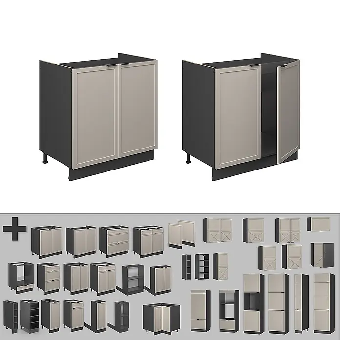Vicco Schrankküche Fame-Line GrauBeige ohne Arbeitsplatte - GrauBeige, Spülenunterschrank 80 cm - Modulares Küchenschrank-Sortiment in Dunkelgrau und Hellbeige, inklusive Unter-, Ober- und Hochschränken mit Türen und Schubladen.