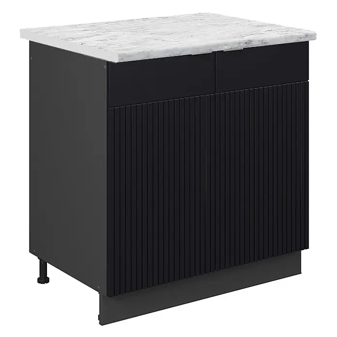 Vicco Spülenunterschrank Fame-Line, Schwarz gestreift, 80 cm -  - Schwarzer Unterschrank mit weißer Marmorplatte, zwei Schubladen und geriffelten Türen.