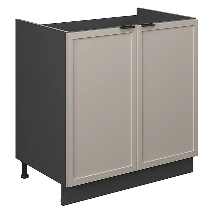 Vicco Schrankküche Fame-Line GrauBeige ohne Arbeitsplatte - GrauBeige, Spülenunterschrank 80 cm - Dunkelgrauer Küchenunterschrank mit zwei hellbeigen Shaker-Türen, schwarzen Griffen und einer Sockelleiste.