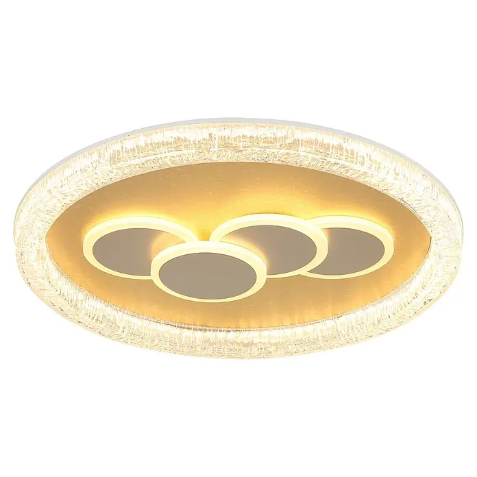 Globo LED-Deckenleuchte rund Loraine - 40 W, Ø x H: 49,5 x 70 cm - Runde LED-Deckenleuchte mit funkelndem Kristall-Effekt-Außenring und vier ineinandergreifenden Innenkreisen, die goldenes Licht spenden.