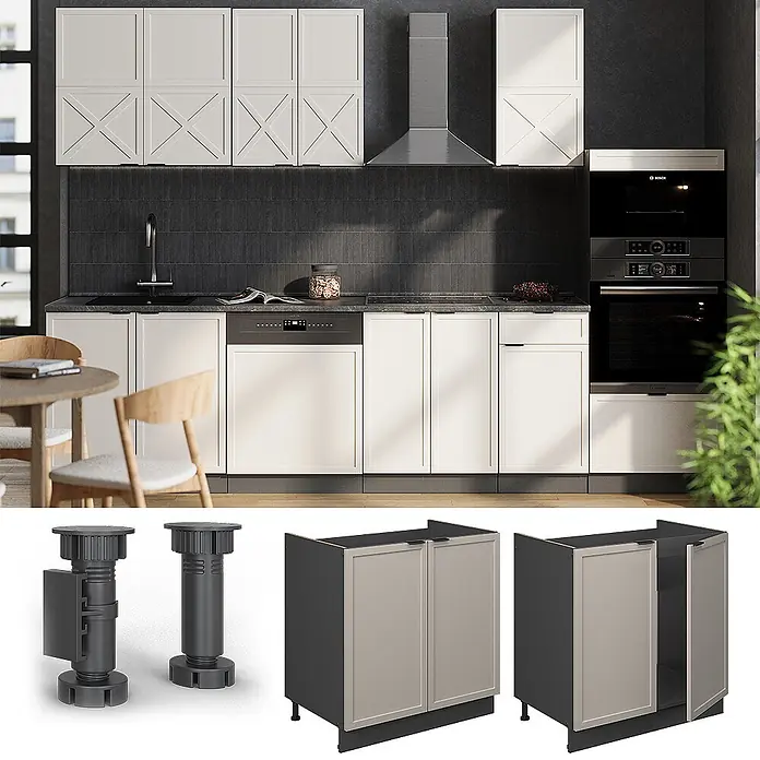 Vicco Schrankküche Fame-Line GrauBeige ohne Arbeitsplatte - GrauBeige, Spülenunterschrank 80 cm - Moderne Küche mit hellen Unterschränken. Produktdetails: verstellbare Kunststofffüße und modulare Schrankelemente mit hellbeigen Türen und dunklen Rahmen.
