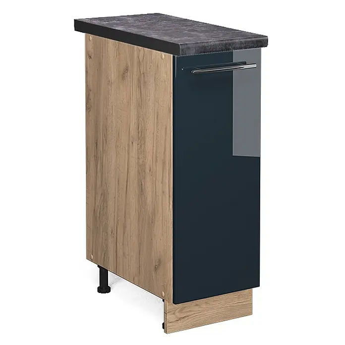 Vicco Schrankküche Fame-Line Dunkelblau Hochglanz, AP Anthrazit - Dunkelblau Hochglanz, Apothekerunterschrank 30 cm, AP Anthrazit - Schmaler Küchenunterschrank mit glänzender dunkelblauer Tür, heller Holzseite, dunkelgrauer Arbeitsplatte.