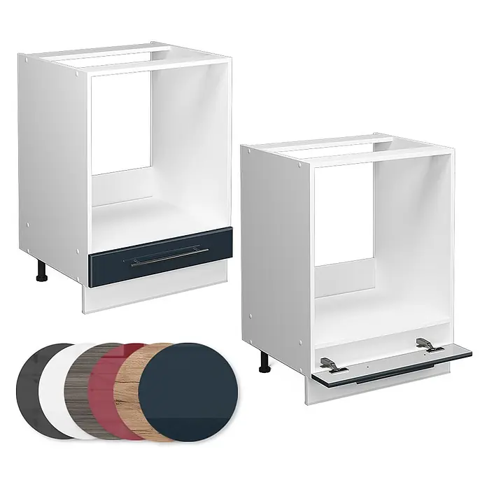 Vicco Schrankküche Fame-Line Dunkelblau Hochglanz ohne Arbeitsplatte - Breite: 60 cm, Dunkelblau Hochglanz, Herdumbauschrank 60 cm - Weiße Küchen-Unterschrankgestelle, eines mit dunkelblauer Schublade, das andere mit Klappe, für Einbaugeräte, mit Farboptionen.