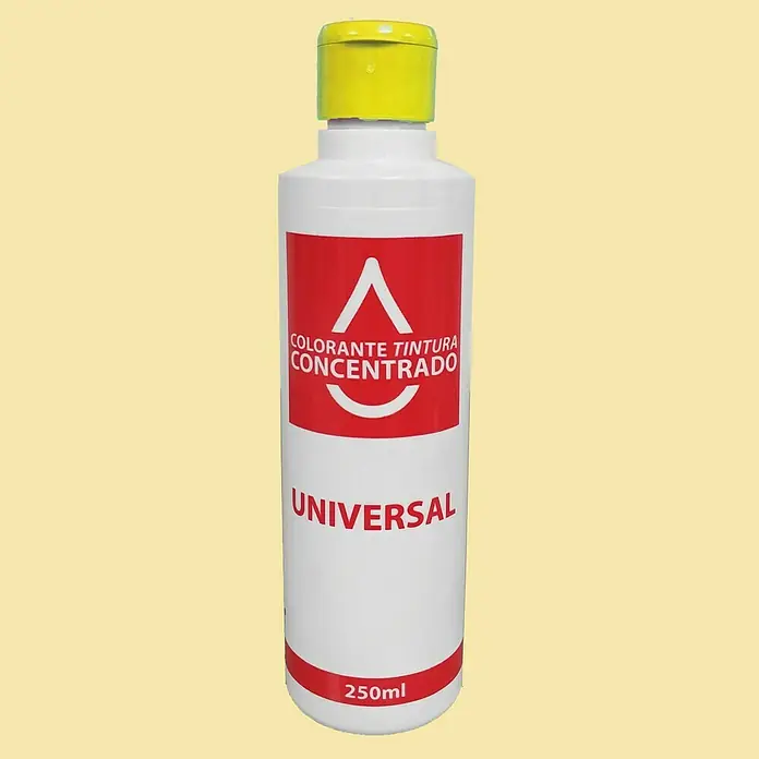 Colorante Concentrado universal - Amarillo, 250 ml - Imagen de una botella blanca de 250 ml de concentrado de tinte universal con tapa amarilla. Ideal para teñir diferentes materiales.