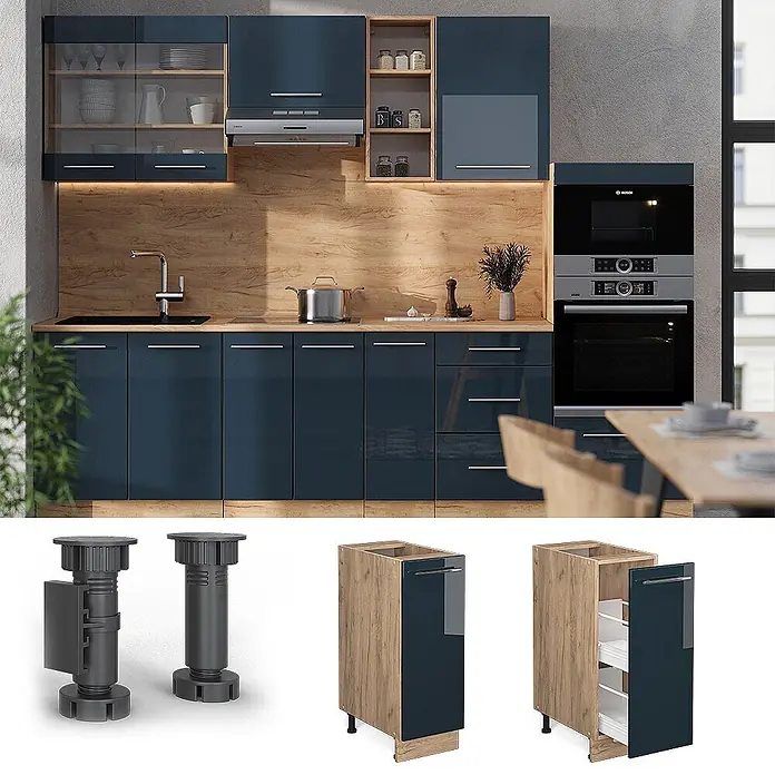 Vicco Schrankküche Fame-Line Dunkelblau Hochglanz, AP Anthrazit - Dunkelblau Hochglanz, Apothekerunterschrank 30 cm, AP Anthrazit - Modulküche mit dunkelblauen Fronten, Holzoptik-Arbeitsplatten und modernen Geräten. Zeigt verstellbare Füße und Auszugsschrank.