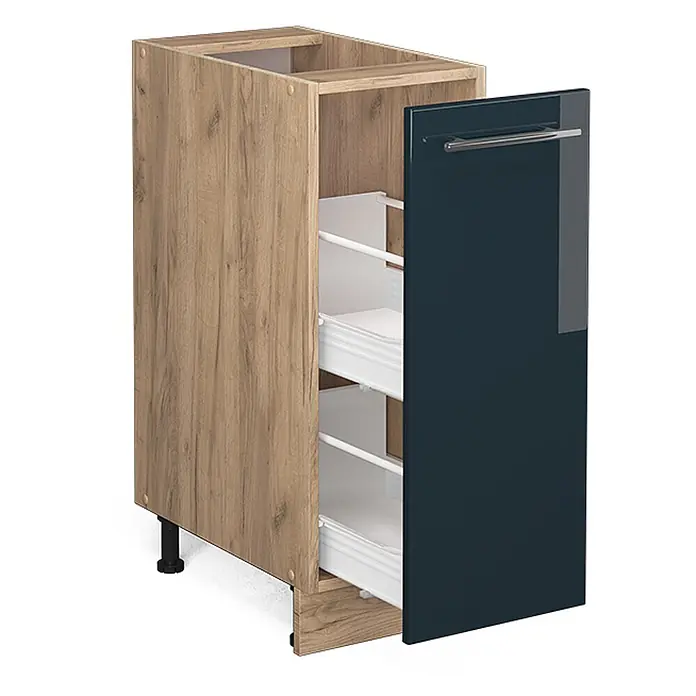 Vicco Schrankküche Fame-Line Dunkelblau Hochglanz, AP Anthrazit - Dunkelblau Hochglanz, Apothekerunterschrank 30 cm, AP Anthrazit - Hölzerner Küchenunterschrank mit dunkelblauer Ausziehtür und zwei Ablagekörben.
