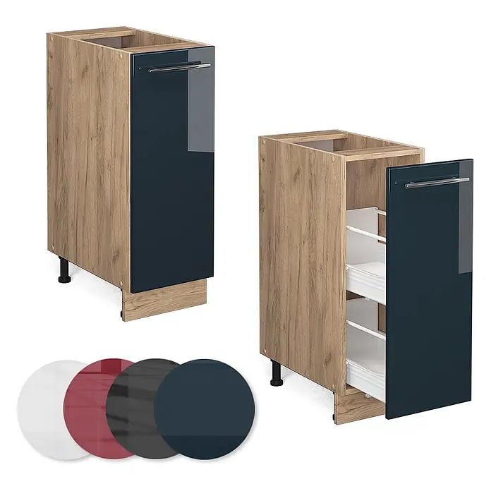 Vicco Schrankküche Fame-Line Dunkelblau Hochglanz, AP Anthrazit - Dunkelblau Hochglanz, Apothekerunterschrank 30 cm, AP Anthrazit - Küchenunterschrank in Eichenoptik mit dunkelblauer Hochglanztür, geschlossen und geöffnet mit Auszugsfächern.