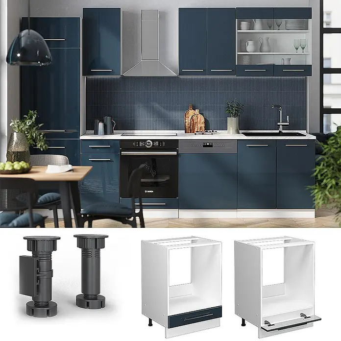 Vicco Schrankküche Fame-Line Dunkelblau Hochglanz, AP Marmor - Dunkelblau Hochglanz, Herdumbauschrank 60 cm, AP Marmor - Eine moderne Küche mit glänzenden blauen Schränken und integrierten Geräten, daneben verstellbare Schranksockel und weiße Unterschränke.