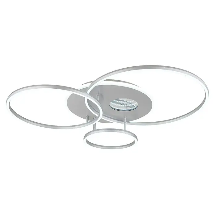 Globo LED-Deckenleuchte Invertina - 54 W, L x B x H: 900 x 700 x 130 mm, Warmweiß - Moderne silberne LED-Deckenleuchte mit mehreren überlappenden Leuchtringen und zentralem LED-Panel.