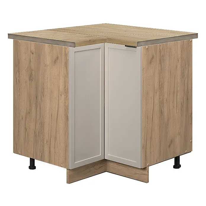 Vicco Schrankküche Fame-Line GrauBeige, AP Eiche - GrauBeige, Eckunterschrank, AP Eiche - Eck-Küchenunterschrank mit heller Holzmaserung und hellgrauen Türen, auf schwarzen Stellfüßen.