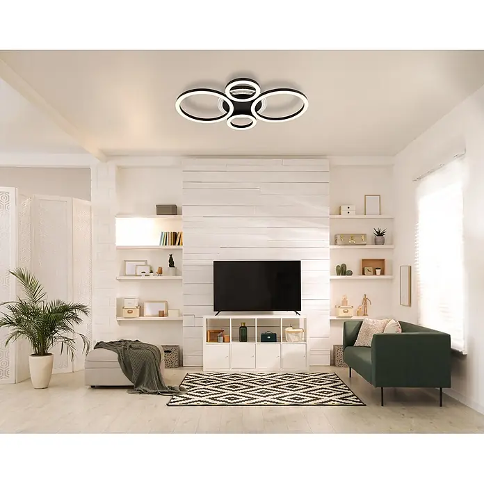 Globo LED-Deckenleuchte Loretta - 50 W, L x B x H: 530 x 355 x 61 mm - Moderne schwarz-weiße runde LED-Deckenleuchte beleuchtet ein Wohnzimmer.