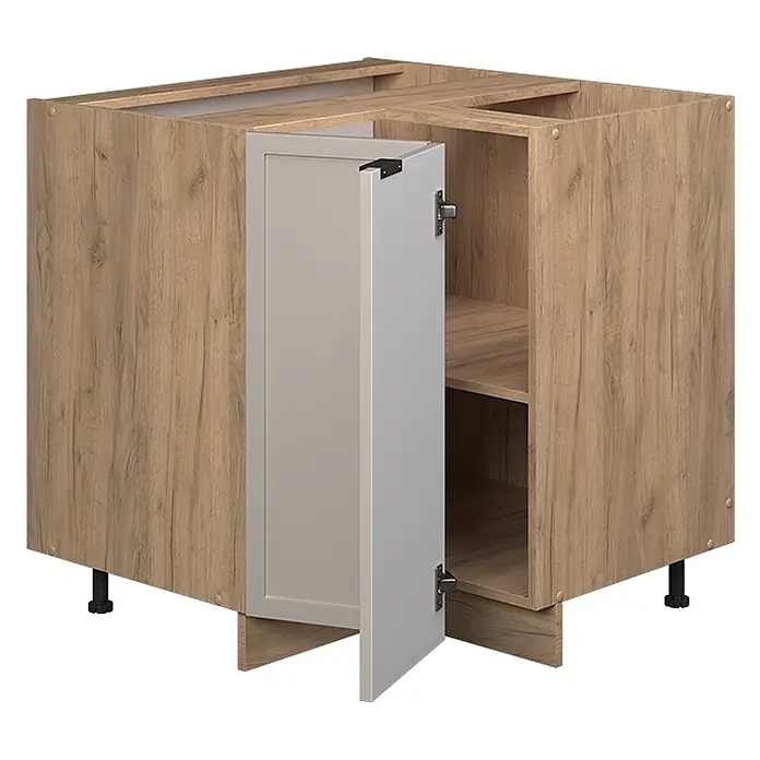 Vicco Schrankküche Fame-Line GrauBeige, AP Eiche - GrauBeige, Eckunterschrank, AP Eiche - Eckunterschrank in Holzoptik mit hellgrauer Tür und verstellbaren Füßen.