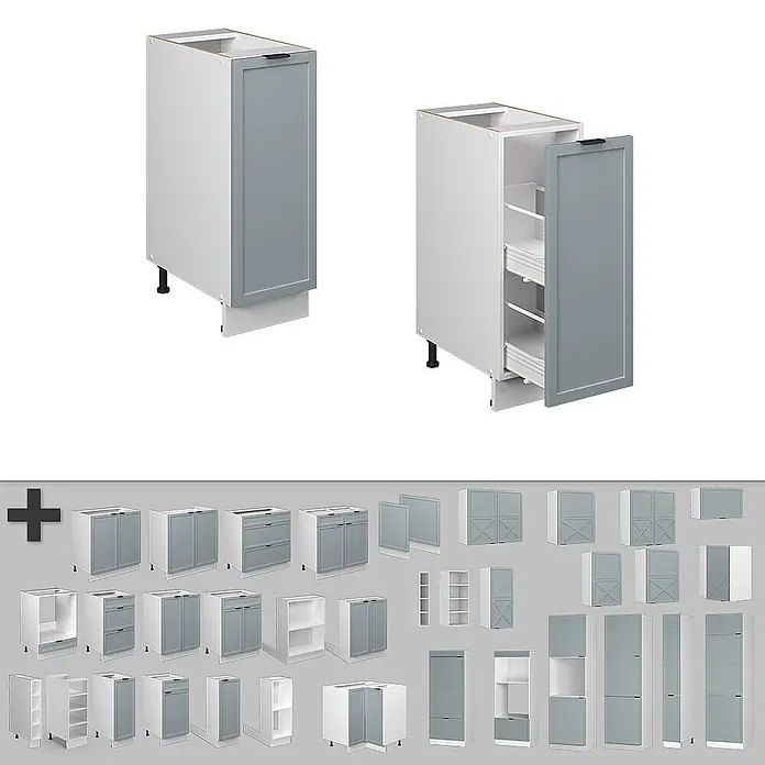 Vicco Schrankküche Fame-Line Hellblau-grau, AP Anthrazit - Hellblau-grau, Apothekerunterschrank 30 cm, AP Anthrazit - Weißer Auszugsunterschrank mit grauer Front, geschlossen und offen gezeigt, plus eine Auswahl passender Küchenschränke in Weiß und Grau.