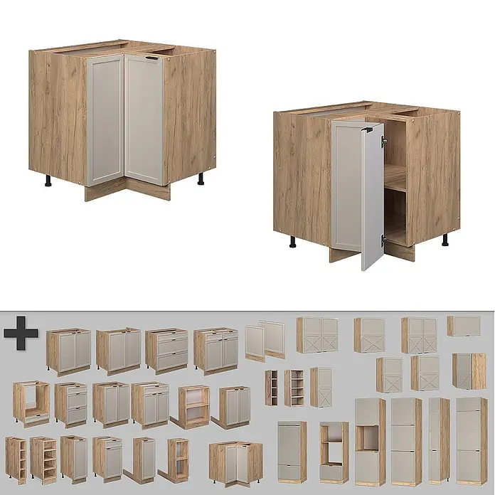 Vicco Schrankküche Fame-Line GrauBeige, AP Eiche - GrauBeige, Eckunterschrank, AP Eiche - Kücheneckunterschrank in Holzoptik mit hellgrauen Türen, geschlossen und offen gezeigt, plus weitere Module.