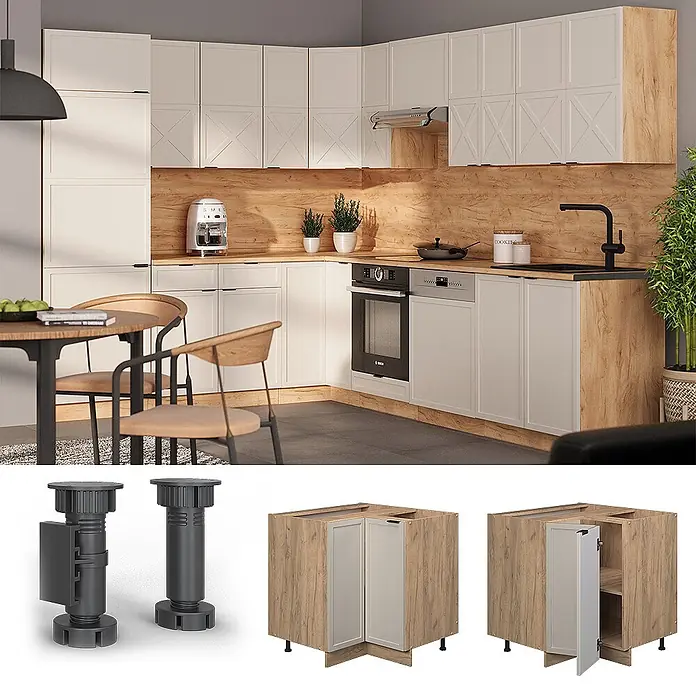 Vicco Schrankküche Fame-Line GrauBeige, AP Eiche - GrauBeige, Eckunterschrank, AP Eiche - Moderne Küche mit hellen Schränken und Holzoptik-Oberflächen, mit verstellbaren Eckunterschrank und Möbelfüßen.