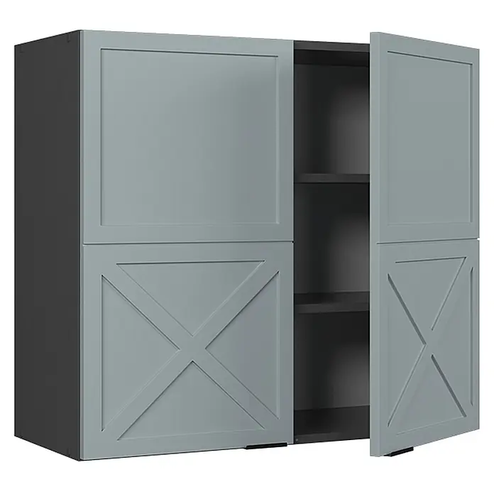 Vicco Schrankküche Fame-Line Hellblau-grau - Hellblau-grau, Hängeschrank 80 cm - Grauer Schrank mit vier Türen, die unteren mit X-Muster. Die rechte Seite ist offen und zeigt dunkle Regale.