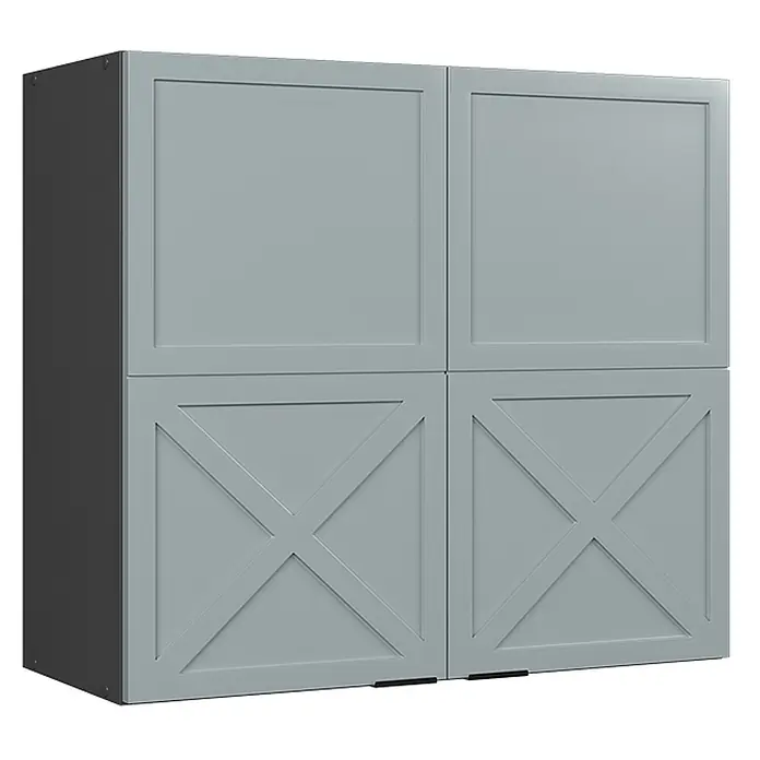 Vicco Schrankküche Fame-Line Hellblau-grau - Hellblau-grau, Hängeschrank 80 cm - Hellgrauer viertüriger Wandschrank mit glatten Paneelen oben und X-förmigen Scheunentor-Paneelen unten.