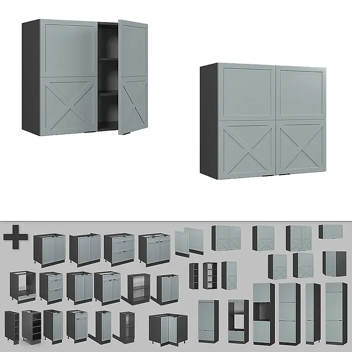 Vicco Schrankküche Fame-Line Hellblau-grau - Hellblau-grau, Hängeschrank 80 cm - Set modularer hellgrauer Küchenschränke, darunter Wand-, Unterschränke und Hochschränke, teils mit X-Streben-Türen.