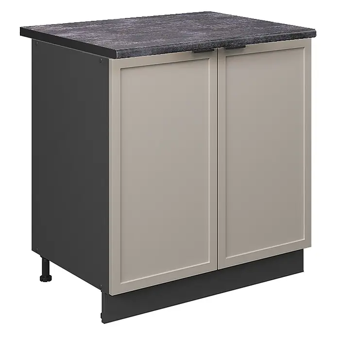 Vicco Schrankküche Fame-Line GrauBeige mit Regal, AP Anthrazit - GrauBeige, Unterschrank 80 cm, AP Anthrazit - Zweitüriger Küchenunterschrank mit dunkelgrauer Arbeitsplatte und Seiten, sowie hellbeigen Flügeltüren.