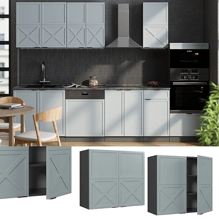 Vicco Schrankküche Fame-Line Hellblau-grau - Hellblau-grau, Hängeschrank 80 cm - Hellgraue Küchenschränke mit Kreuzmuster-Türen, in einer modernen Küche installiert.