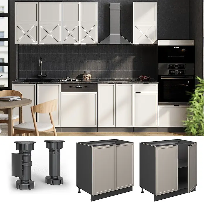 Vicco Schrankküche Fame-Line GrauBeige mit Regal, AP Eiche - GrauBeige, Unterschrank 80 cm, AP Eiche - Moderne Küche mit weißen und grauen Schränken, einschließlich verstellbarer Füße, installiert und als Einzelteile gezeigt.